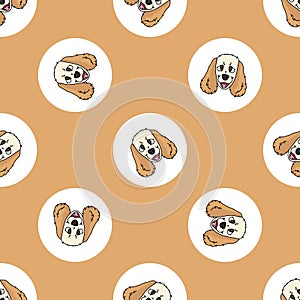 Hand drawn cute cocker spaniel dog face breed in polka dot seamless vector pattern. Purebread pedigree puppy domestic on