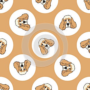 Hand drawn cute cocker spaniel dog face breed in polka dot seamless vector pattern. Purebread pedigree puppy domestic on photo