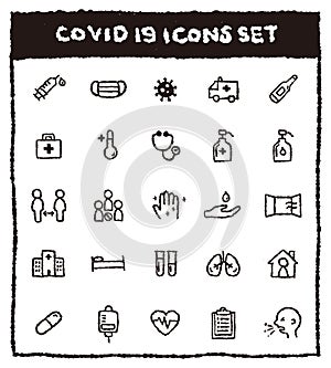 Hand drawn cute COVID-19 icons set