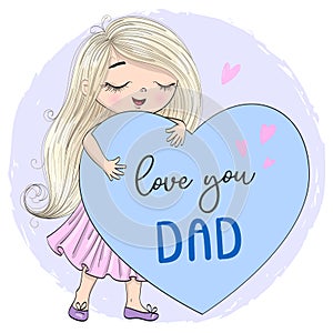 Hand drawn cute daughter girls with big heart. Happy Fathers Day.