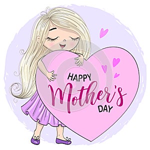 Hand drawn cute daughter girls with big heart. Happy Mothers Day.