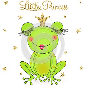 Hand drawn cute, dreaming little princess frog, with crown.