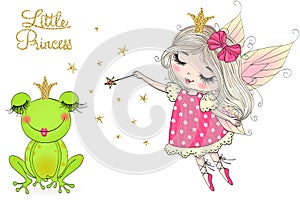 Hand drawn cute, dreaming little princess frog, with crown.