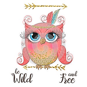 Hand drawn cute, dreaming, wild little tribal owl.