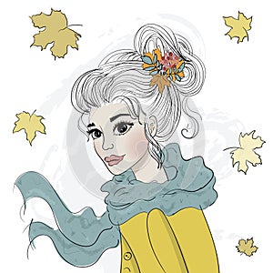 Hand drawn cute fashion autumn girl. Vector illustration. Portrait of a young woman with long hair. autumn leaves