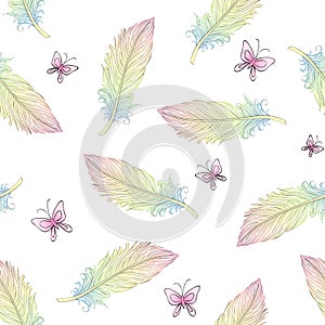 Hand drawn cute feather and butterflies seamless pattern.