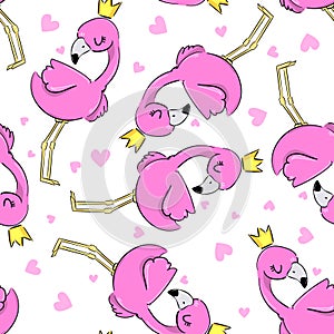 Hand drawn Cute Flamingo in a crown with heart pattern seamless background. Tropical print for textiles. Vector illustration