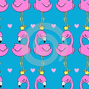 Hand drawn Cute Flamingo in a crown with heart pattern seamless background. Tropical print for textiles. Vector illustration