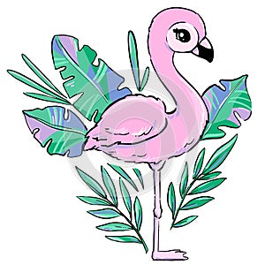 Hand drawn Cute Flamingo with tropical leaves Summer print vector illustration Children`s Print Design T-shirt and Poster