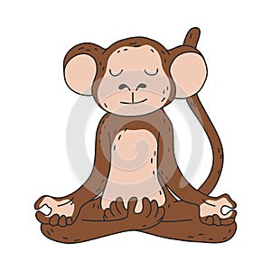 Brown monkey sitting and meditating in lotus pose with eyes closed