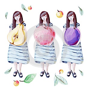 Hand-drawn cute girl and big yellow pear, red apple and violet plum