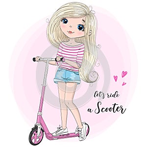 Hand drawn cute girl with pink kick scooter.