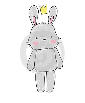 Hand drawn cute gray bunny. Rabbit in a crown Isolated on a white background. Childish print design for newborns, textiles, baby