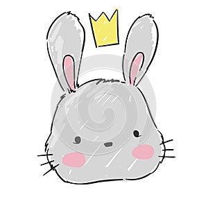 Hand drawn cute gray bunny. Rabbit in a crown Isolated on a white background. Childish print design for newborns, textiles, baby