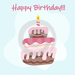 Hand drawn cute happy birthday card with cake and candle. Greeting card vector illustration