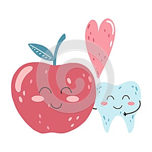Hand drawn cute happy kawaii tooth character with apple and heart. Cartoon vector illustration of teeth, concept of