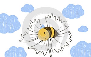 Hand drawn cute Honey Bee sleep in outline flower with clouds.