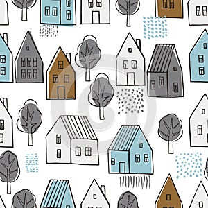 Hand drawn cute  houses and trees.  Vector  pattern