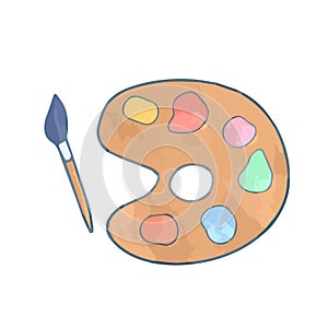 Hand drawn cute isolated palette with and colorful paint pigments and brush