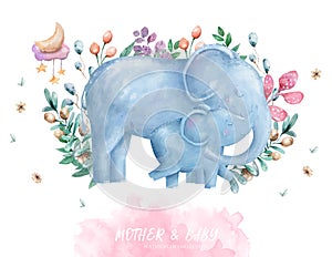 Hand drawn cute isolated tropical summer watercolor elephant animals. baby and mother cartoon animal illustrations, jungle tree