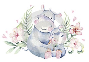 Hand drawn cute isolated tropical summer watercolor hippo animals. hippopotamus baby and mother cartoon animal