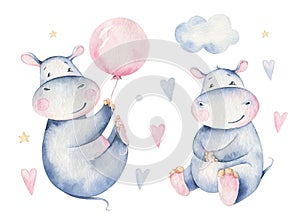 Hand drawn cute isolated tropical summer watercolor hippo animals. hippopotamus baby and mother cartoon animal