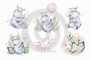 Hand drawn cute isolated tropical summer watercolor hippo animals. hippopotamus baby and mother cartoon animal