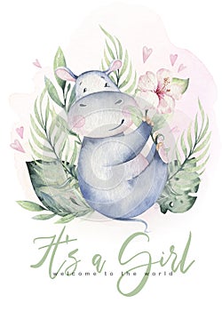 Hand drawn cute isolated tropical summer watercolor hippo animals. hippopotamus baby and mother cartoon animal