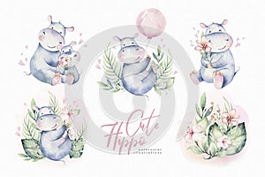 Hand drawn cute isolated tropical summer watercolor hippo animals. hippopotamus baby and mother cartoon animal photo