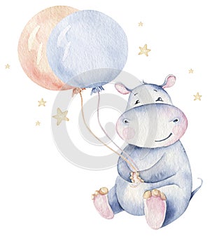 Hand drawn cute isolated tropical summer watercolor hippo animals. hippopotamus baby and mother cartoon animal photo