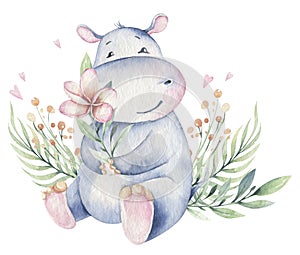 Hand drawn cute isolated tropical summer watercolor hippo animals. hippopotamus baby and mother cartoon animal photo