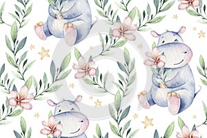 Hand drawn cute isolated tropical summer watercolor hippo animals seamless pattern. hippopotamus baby and mother cartoon