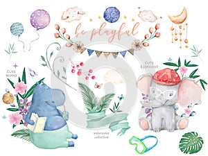 Hand drawn cute isolated tropical summer watercolor hippo animals. Two hippopotamus family cartoon animal illustrations, jungle