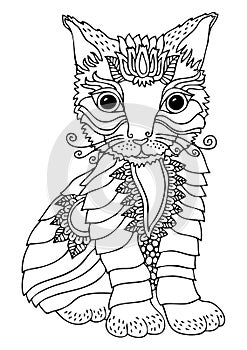 Hand drawn cute kitty, coloring page