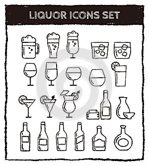 Hand-drawn cute liquor icons set beer, wine, cocktails, sake, brandy, whiskey