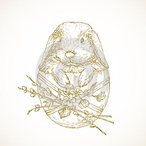 Hand Drawn Cute Little Easter Bunny Vector Illustration. New Born Rabbit in Egg with Willow Twigs Abstract Sketch
