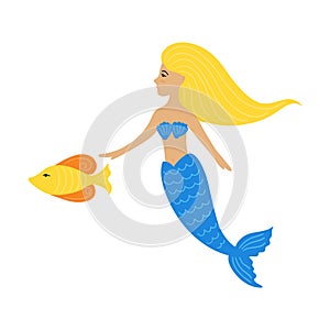 Hand drawn cute little mermaid girl with fish.