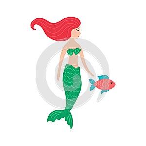 Hand drawn cute little mermaid girl with fish.