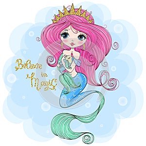 Hand drawn cute little mermaid girl with fish in her hands..