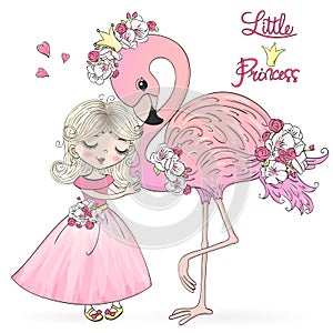 Hand drawn cute Little Princess girl with Flamingo. Vector Illustration..