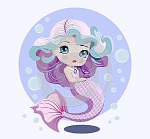Hand drawn cute little purple mermaid doll with bubbles. Isolated design element for greeting card, poster, flyer, birthday, party