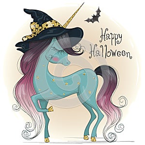 Hand drawn cute little unicorn in witch hat. Happy Halloween lettering.