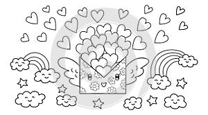 Hand drawn cute mail letter carrying lots of loves flying, design for design element and coloring book page for kids and adult.Vec