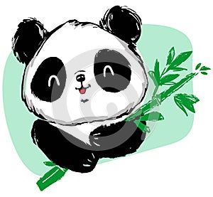 Hand drawn cute panda bear and bamboo. vector
