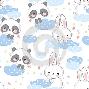 Hand Drawn cute Panda bear and Bunny seamless Pattern, print design background, children print textile design vector illustration