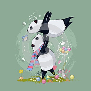 hand drawn cute panda best friends illustration for kids