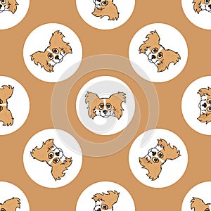 Hand drawn cute Papillon dog face breed in polka dot seamless vector pattern. Purebread pedigree puppy domestic on dotty