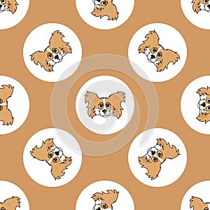 Hand drawn cute Papillon dog face breed in polka dot seamless vector pattern. Purebread pedigree puppy domestic on dotty photo