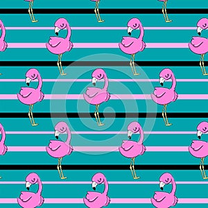 Hand drawn Cute Pink Flamingo. pattern seamless background. Tropical print for textiles. Vector illustration