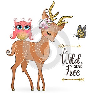 Hand drawn cute, romantic, dreaming, wild princess deer fawn with little owl.